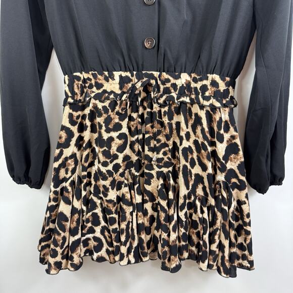 Main Strip NWOT Mini Dress Large Long Sleeved Leopard Print Ruffle Skirt Animal - Picture 3 of 14